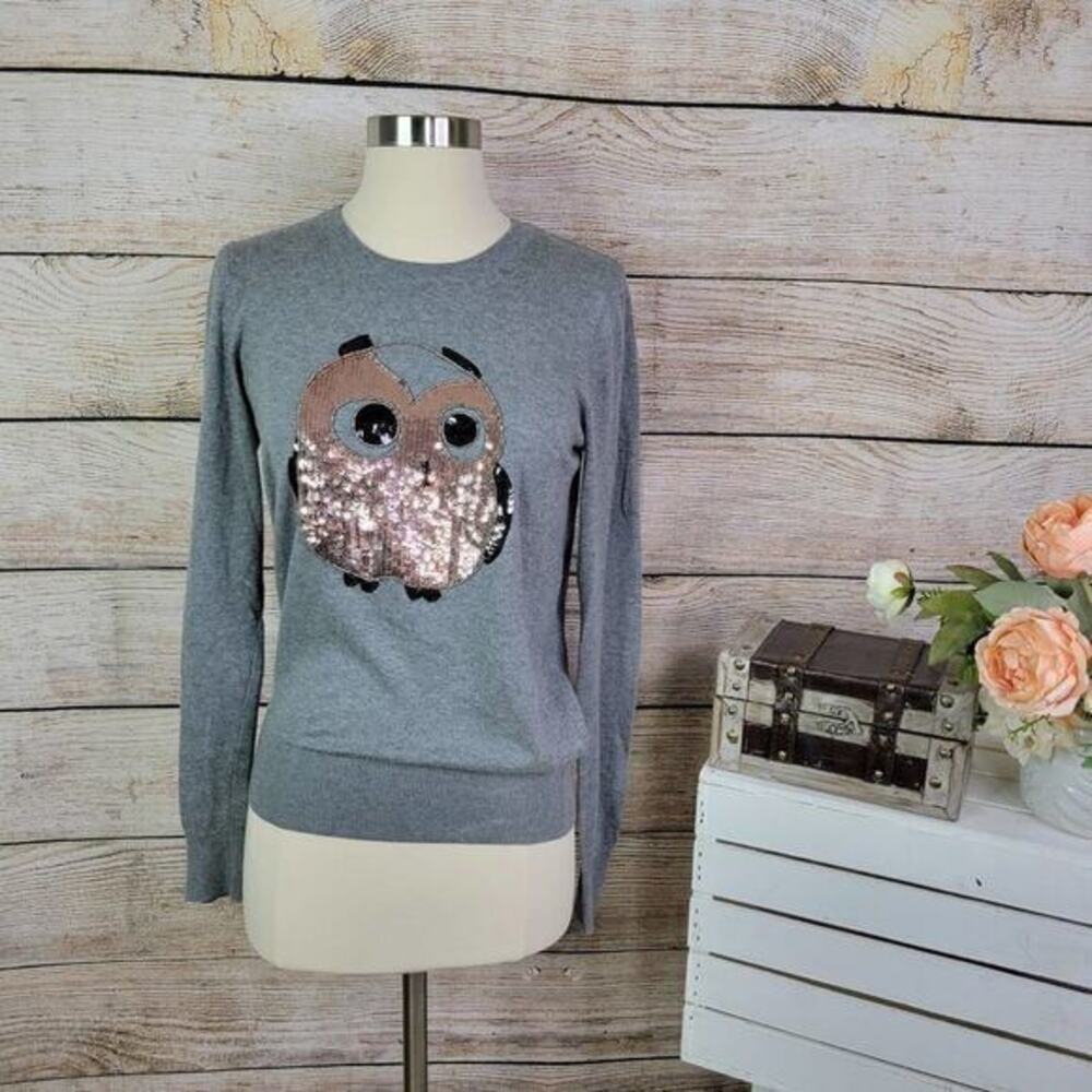 French Connection Sequin Lady‎ Owl Gray Sweater Small